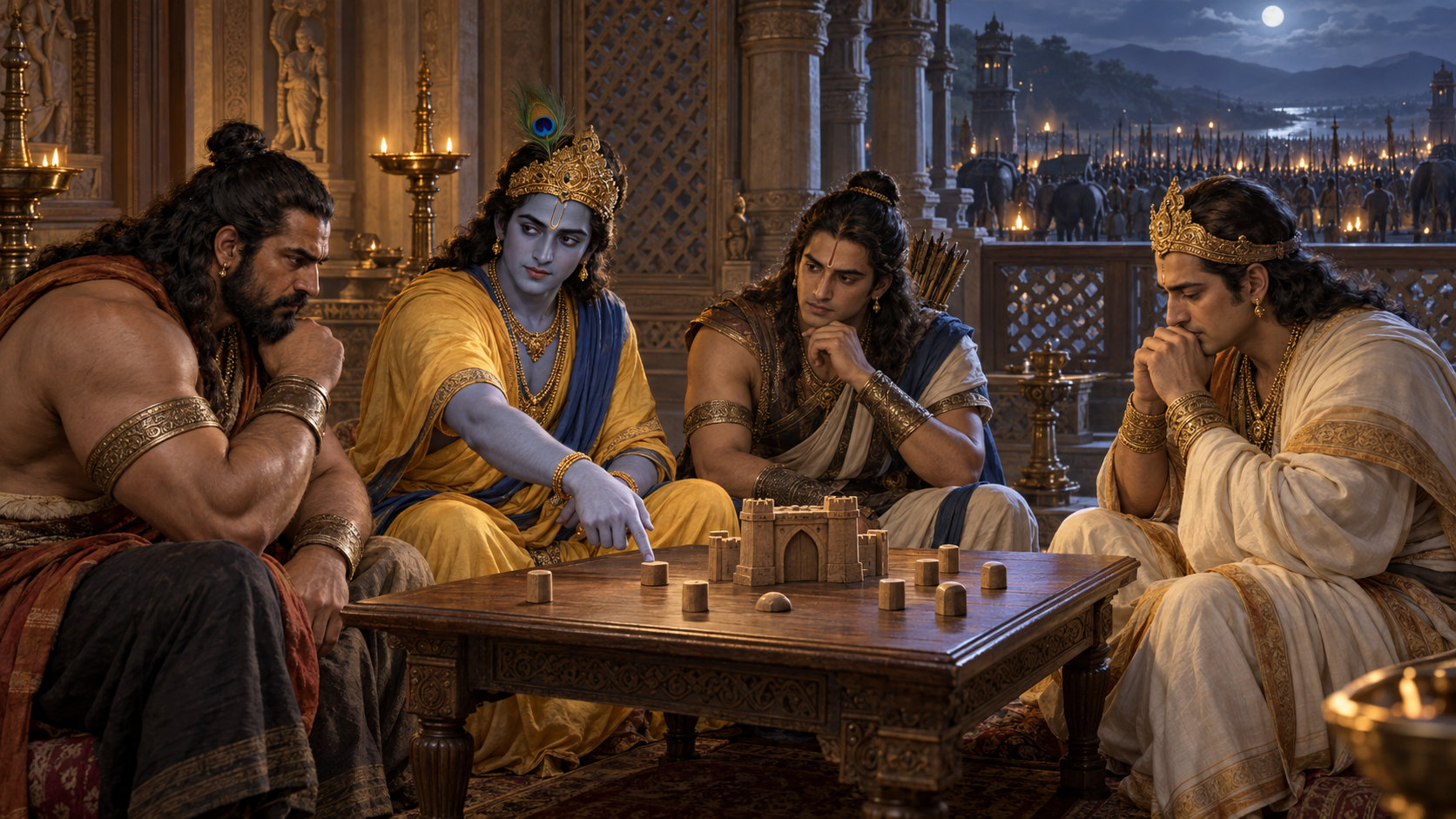Krishna discusses a precise plan with Yudhishthira, Bhima, and Arjuna while an army waits outside the palace.