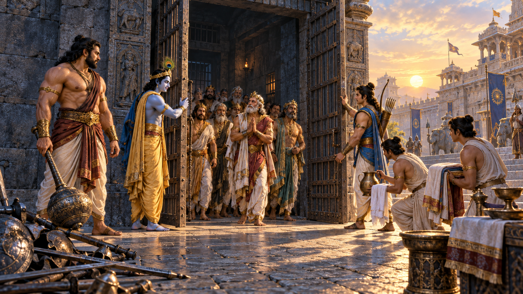 Krishna and Arjuna release captive kings as Bhima stands nearby with his mace lowered in restraint.