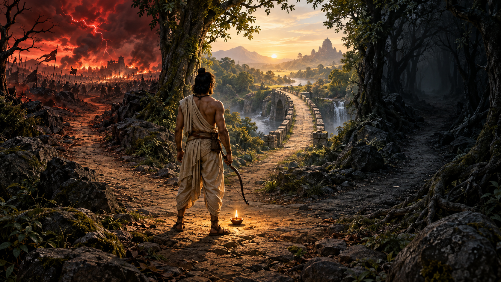 A traveler with a lowered bow chooses a narrow illuminated path between a battlefield and a dark forest route.