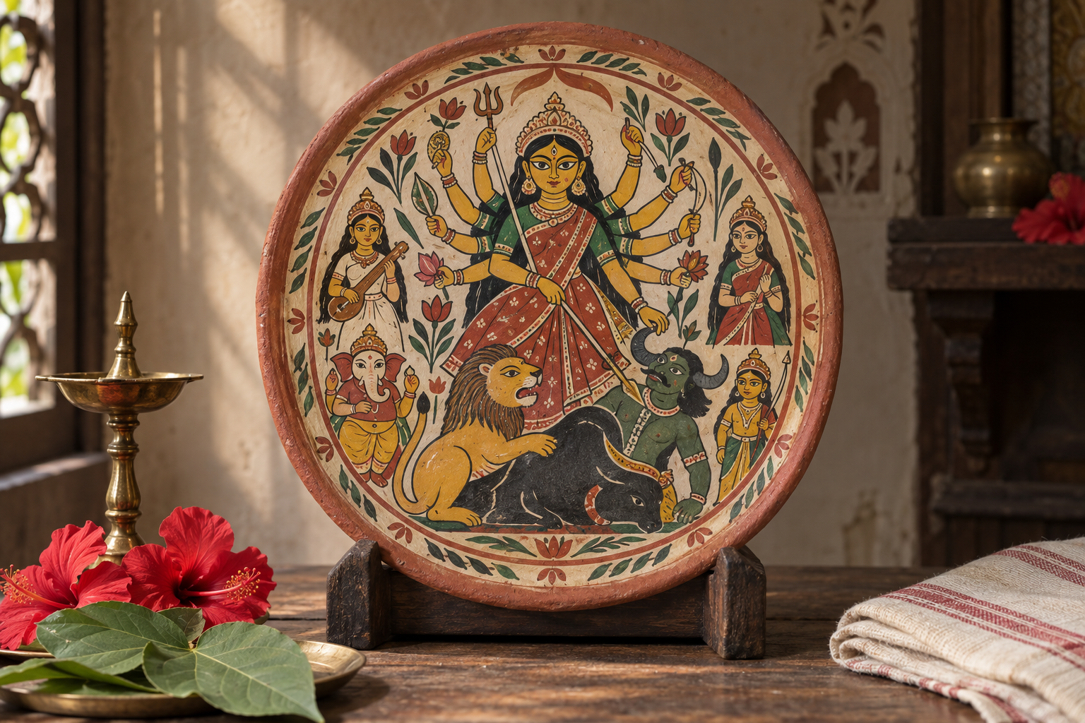 A round painted clay shora depicting Durga, her lion and attendant deities stands in a domestic shrine beside flowers and a brass lamp.