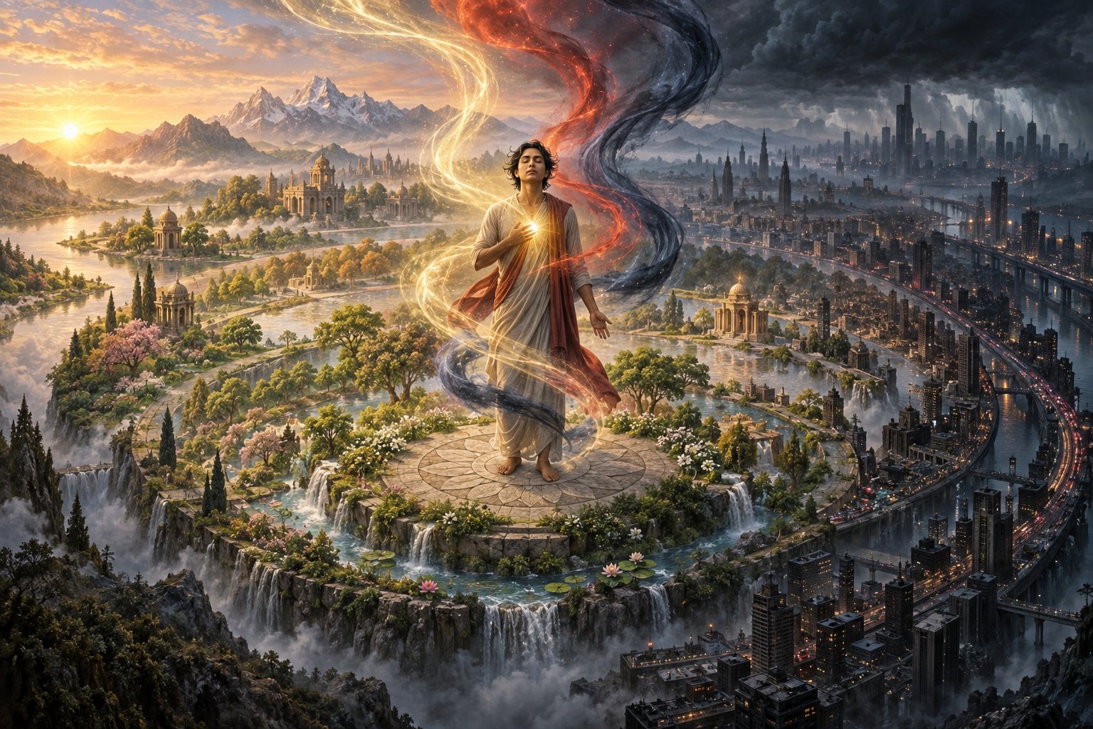 A contemplative person stands amid three colored currents in a landscape that shifts from a peaceful garden to a dark crowded city.