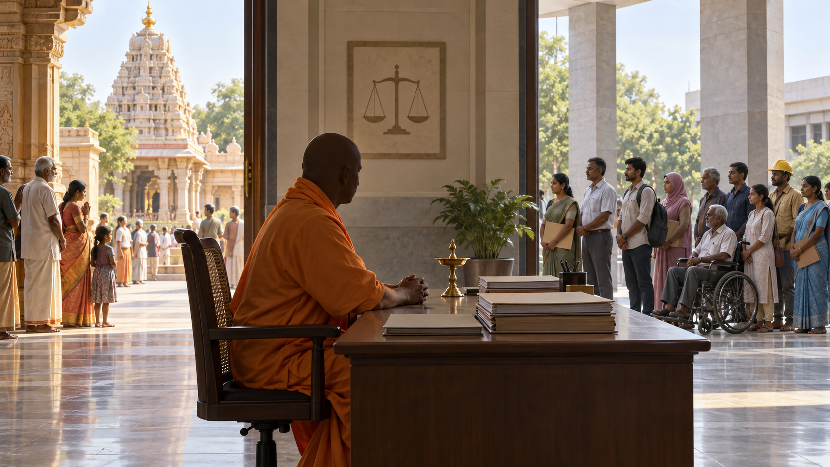 A saffron-robed official at a civic desk sits between a temple doorway and a diverse line of citizens awaiting public service.