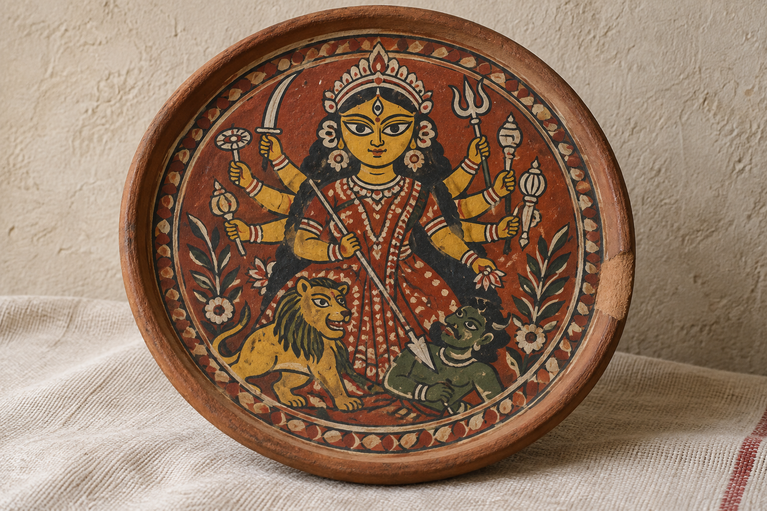 A painted Durga shora rests on cotton cloth, showing its raised rim, uneven surface and reddish terracotta beneath the pigment.