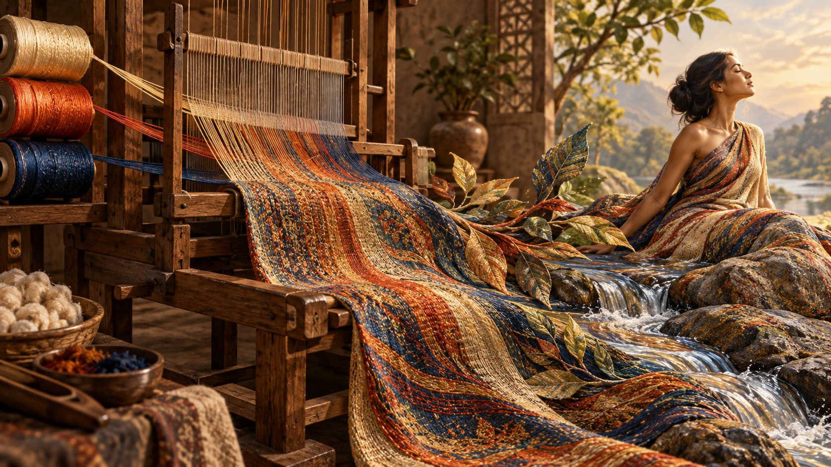 Ivory, red and dark blue threads are woven together into one cloth that forms natural elements and a human silhouette.