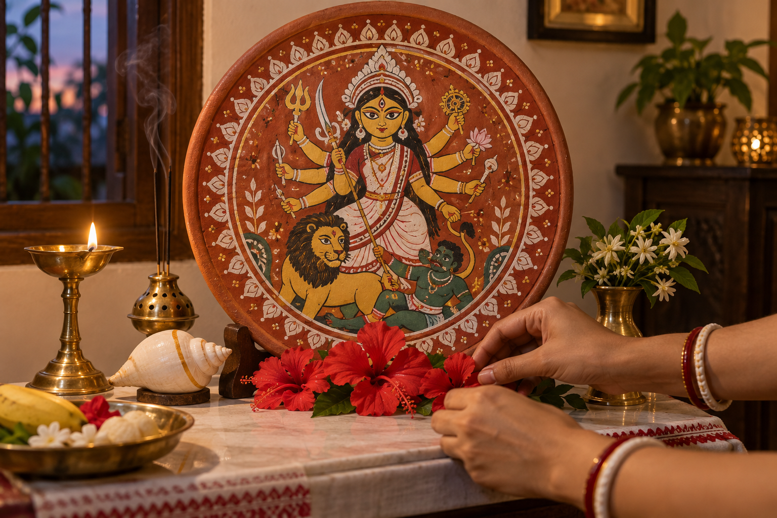 Hands place hibiscus flowers before a painted clay Durga shora on a home altar with a lit brass lamp, incense and a conch shell.