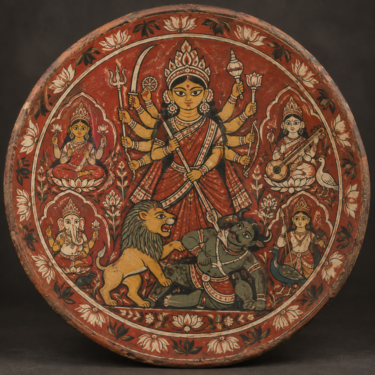Front view of a circular clay shora with Durga at the center, surrounded by her lion, the buffalo demon, smaller deities and painted floral borders.