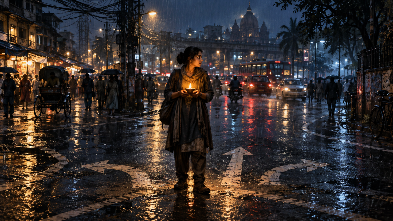 A person holding a small lamp pauses at a rainy, crowded nighttime crossroads with three paths ahead.