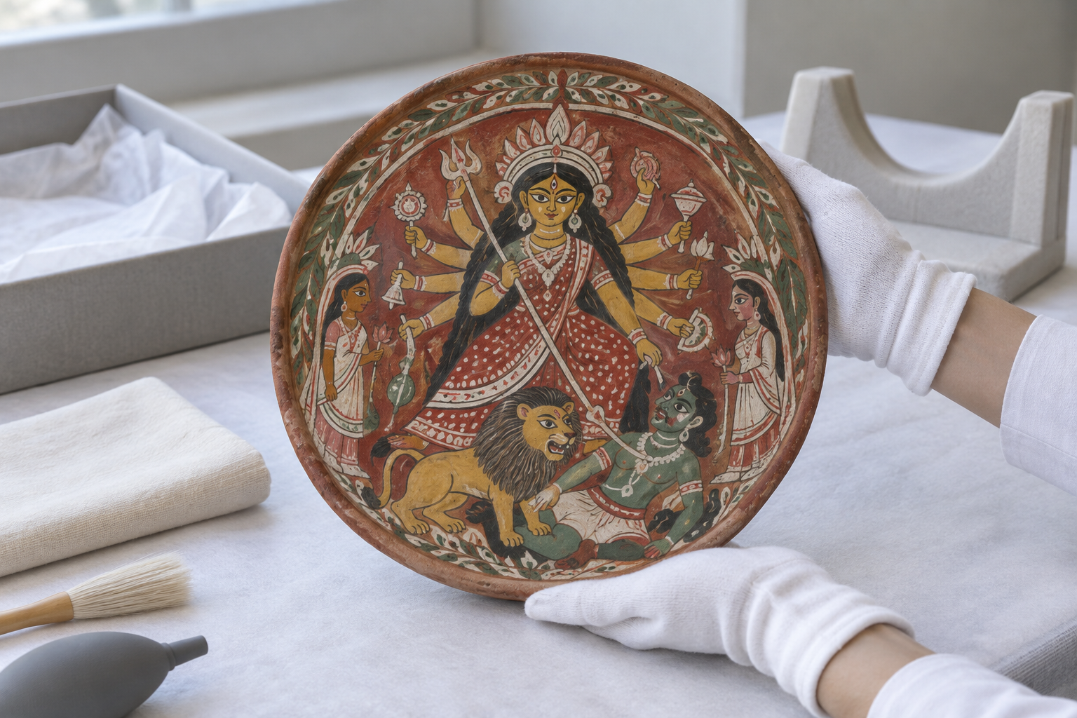 Cotton-gloved hands support a painted clay Durga shora above a padded table beside an archival storage tray and display cradle.