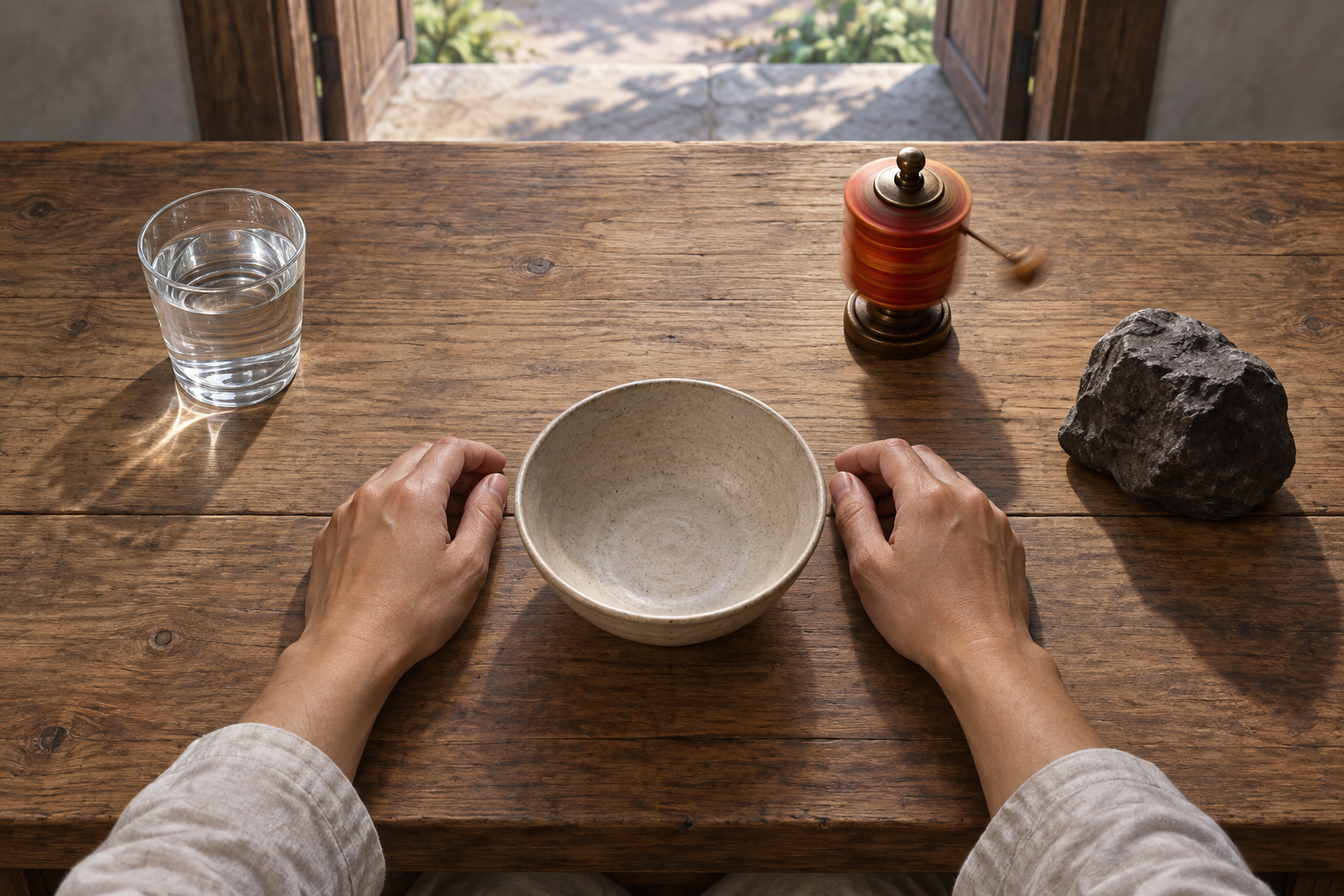 Hands rest at a table beside still water, a spinning red-orange wheel and a dark stone, with daylight visible through an open doorway.