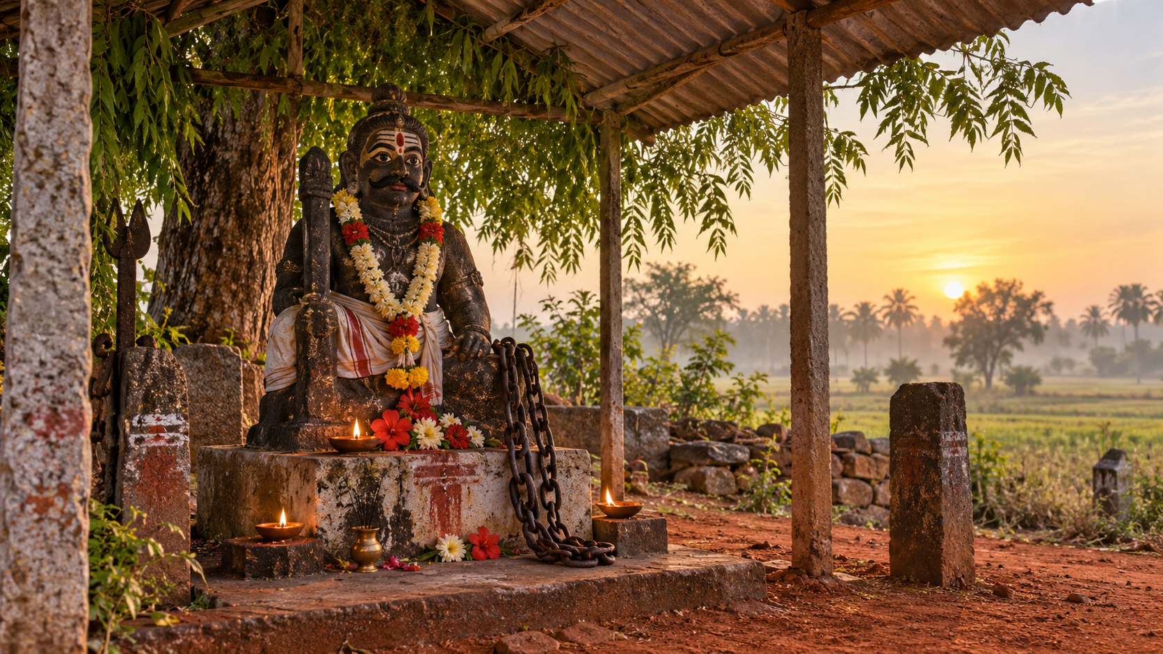 A small Tamil guardian shrine at dawn with a mustachioed deity figure, an iron chain, oil lamps and flower offerings.