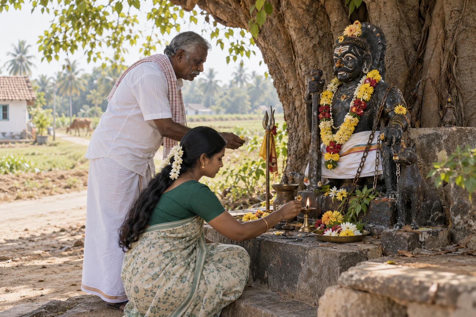 An older and a younger worshipper offer flowers and light an oil lamp at a small guardian shrine beneath a tree.