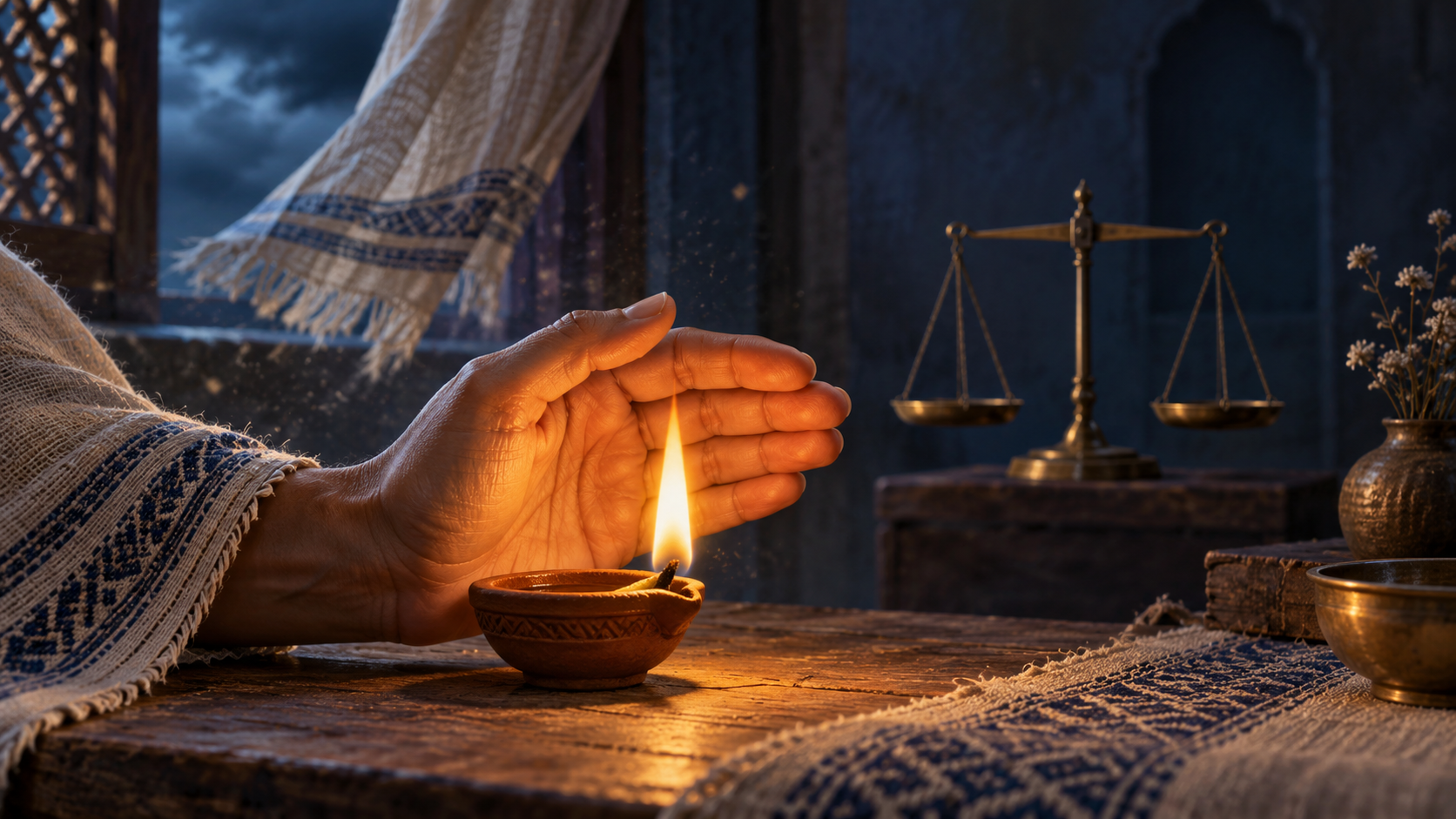 A hand shields a small oil lamp from the wind while a balanced scale rests in the background.