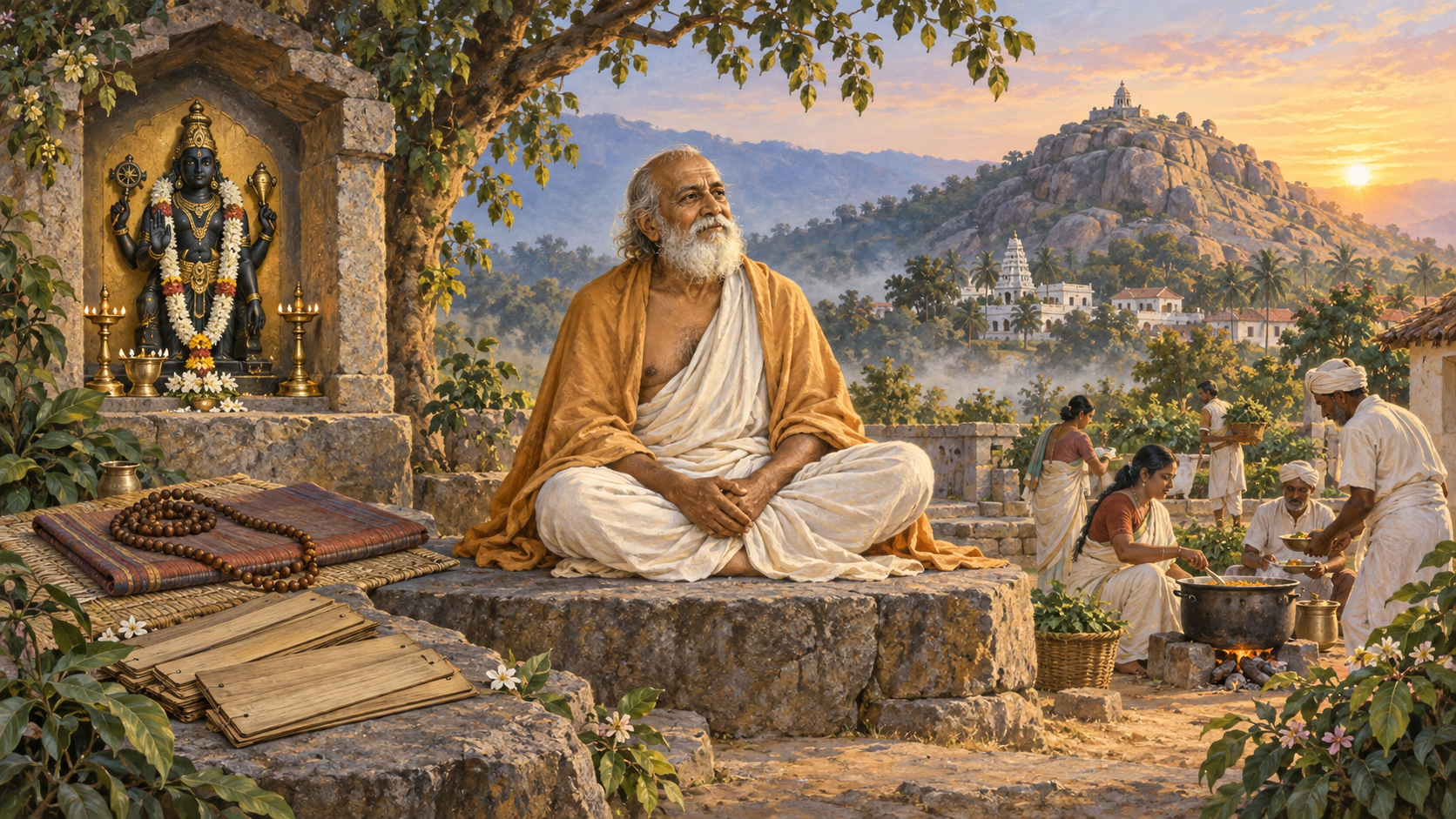 An elderly Indian yogi-saint sits amid a shrine, prayer beads, palm-leaf manuscripts, a rocky sacred landscape and devotees engaged in service.