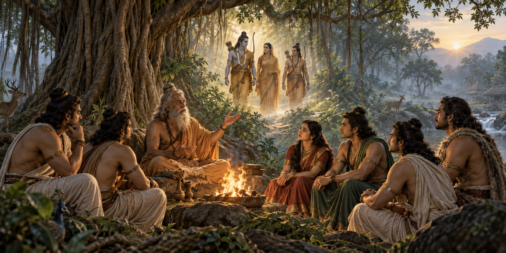 An ancient forest storyteller addresses five exiled princes and a queen while a luminous vision of Rama, Sita, and Lakshmana appears beyond the fire.