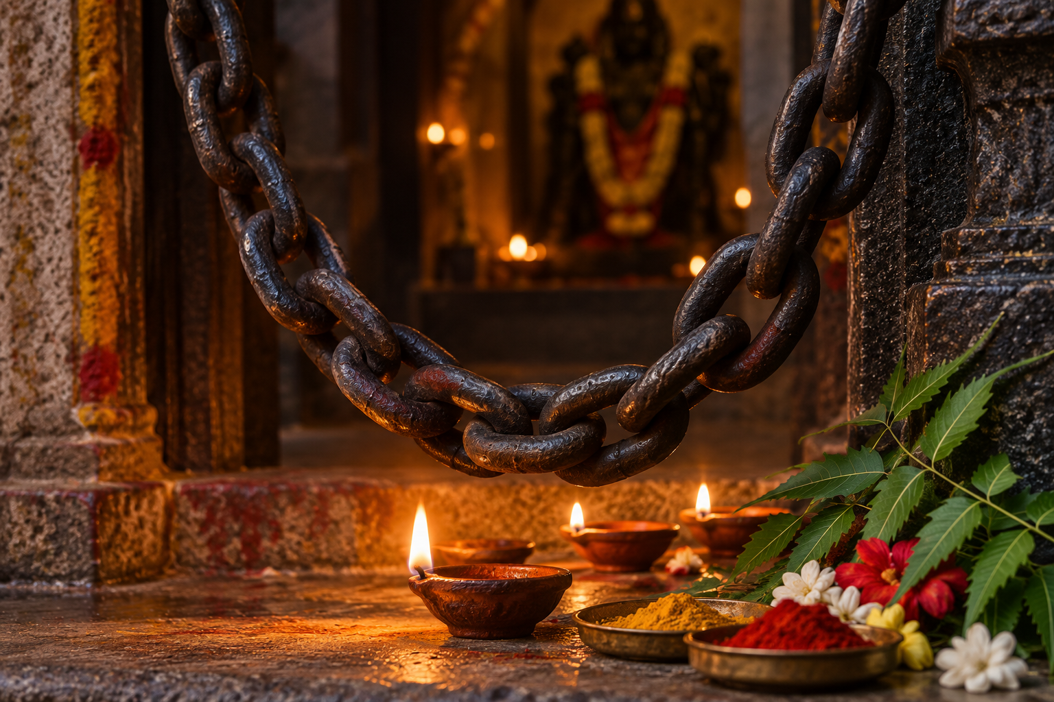 An iron chain hangs beside a shrine threshold above glowing clay lamps, flowers, neem leaves and ritual powders.