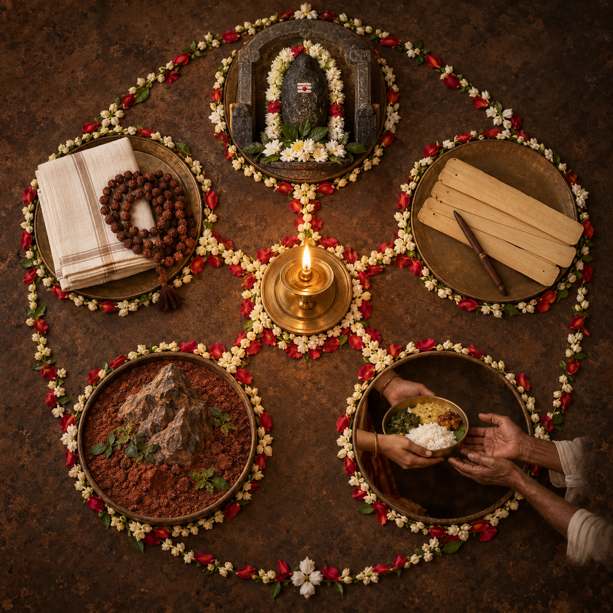 A brass lamp is surrounded by a shrine icon, prayer beads, blank palm leaves, red earth and hands sharing a meal.
