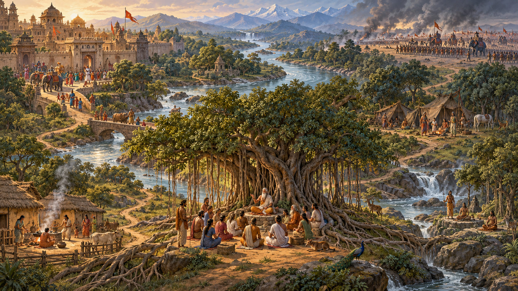 A vast banyan tree and river connect scenes of a court, forest exile, battlefield, hermitage, and village in an ancient Indian landscape.
