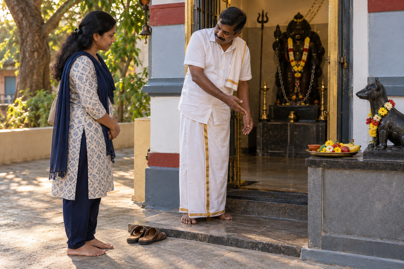 A visitor with footwear removed listens to a shrine caretaker beside a tray of flowers, fruit and a clay lamp.