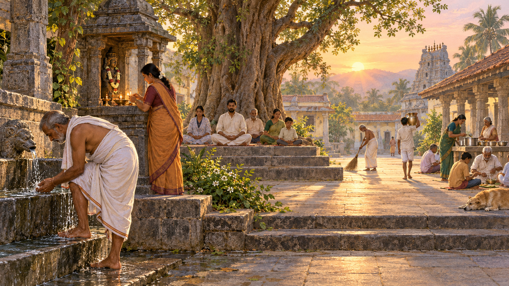 Devotees wash, light a lamp, meditate, clean a courtyard and serve food in a South Indian pilgrimage compound at dawn.