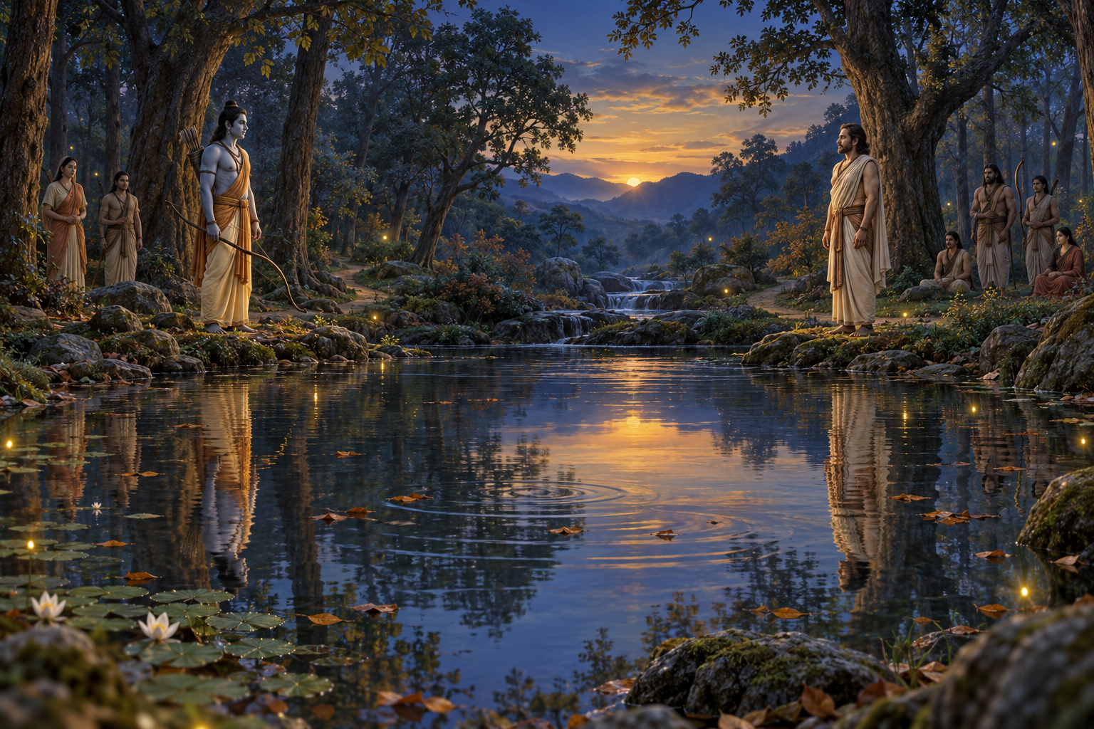 Rama and Yudhishthira stand on opposite banks of a forest pond as their companions and overlapping reflections suggest parallel experiences of exile.
