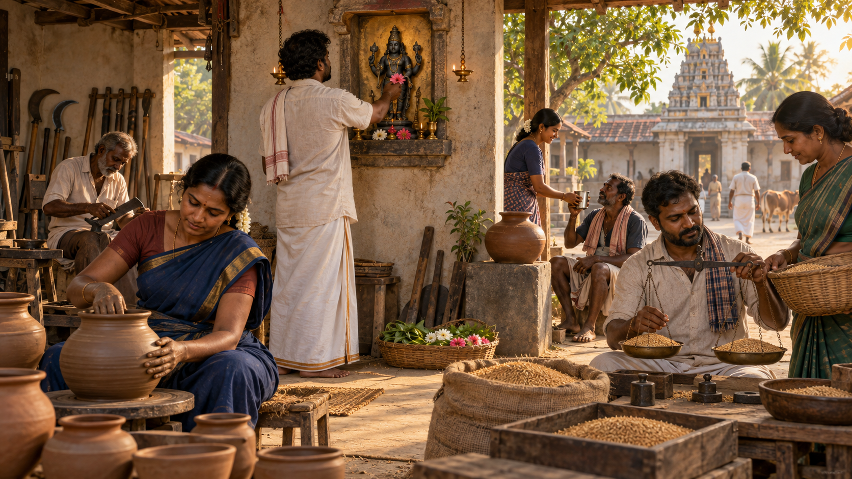 Workers in a courtyard pray at a small Vishnu shrine, measure grain, make pottery, repair tools and share water.