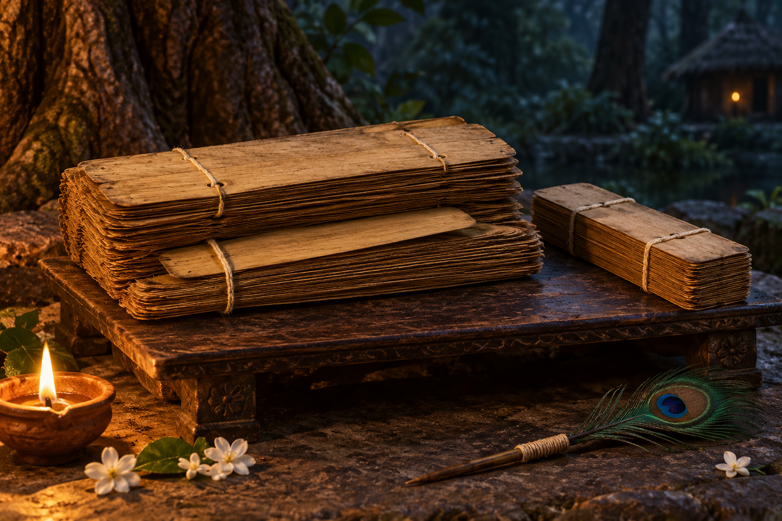 Two separate palm-leaf manuscript bundles lie beside an oil lamp, with one blank leaf placed within the open layers of the larger bundle.