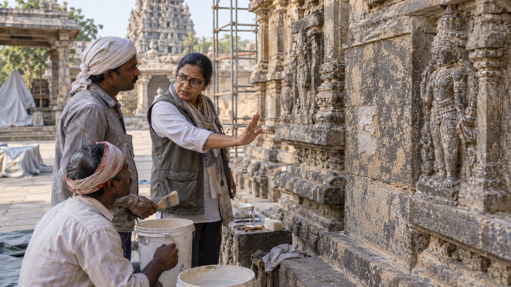 A stone conservator stops workers before a modern coating is applied to weathered temple carvings beside a damaged test patch.