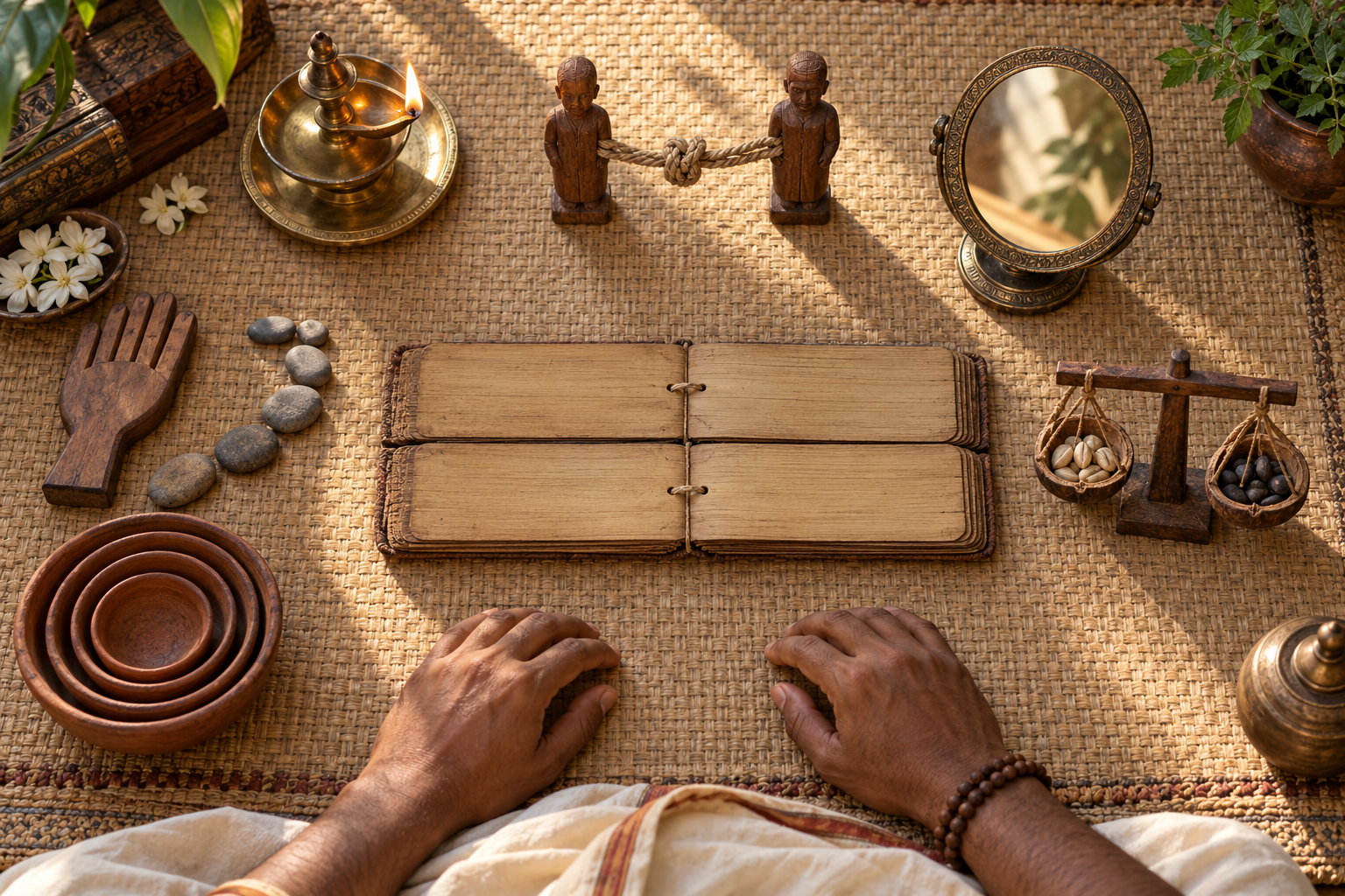 A blank palm-leaf manuscript is surrounded by six symbolic reading objects, including a lamp, linked figures, mirror, balance, nested bowls, and path stones.