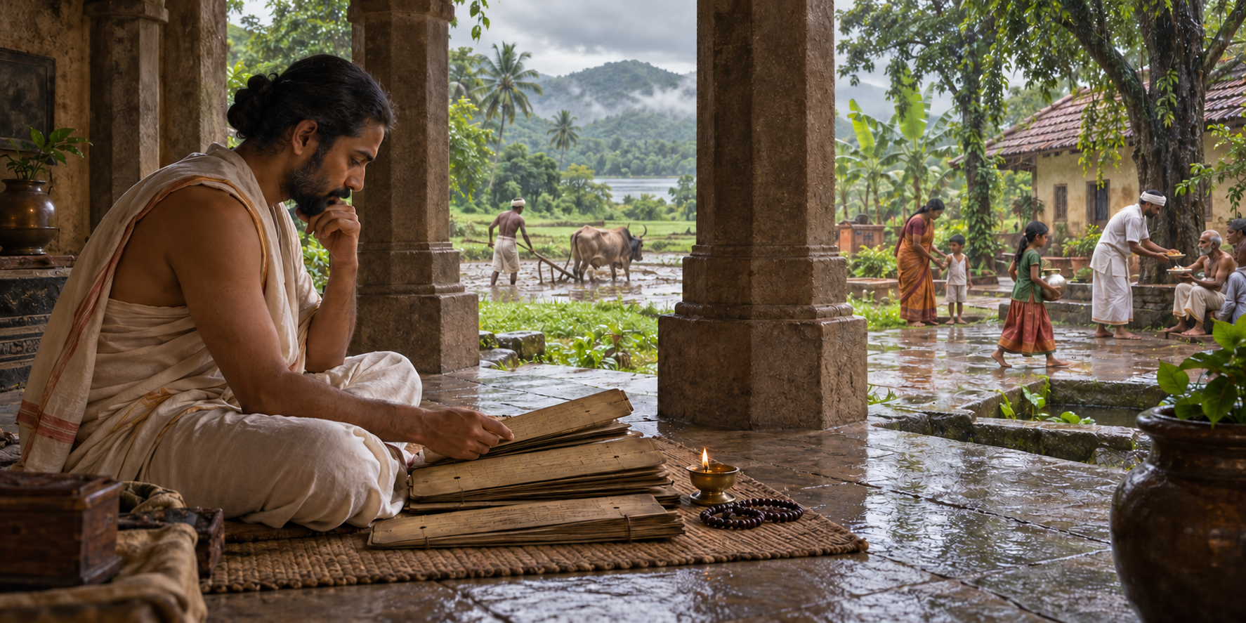 A reader studies unmarked palm-leaf folios on a veranda while people farm, care for family and serve food outside.