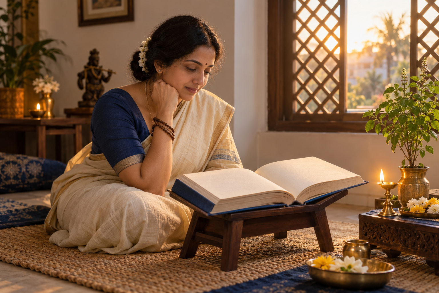 A practitioner sits on a woven mat at dawn, reading an open sacred book on a low wooden stand beside an oil lamp, flowers, prayer beads, and a tulasi plant.