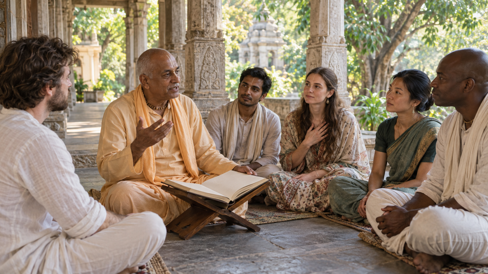 A teacher with an open sacred book speaks to a small circle of attentive adults seated on a shaded courtyard veranda.