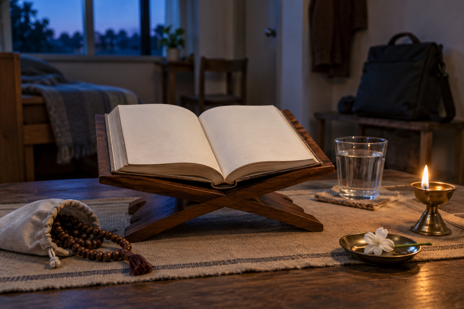 An open sacred book, prayer beads, water, a flower, and a brass lamp are arranged on a simple reading stand in a quiet home before dawn.
