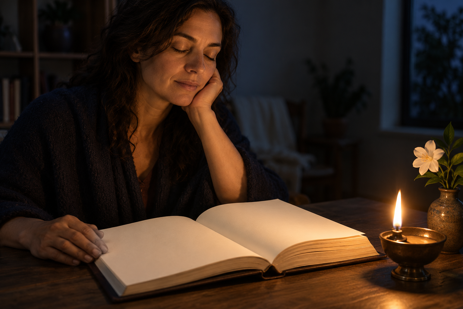 A reader pauses with eyes closed beside an open sacred book and a burning oil lamp, reflecting before continuing.