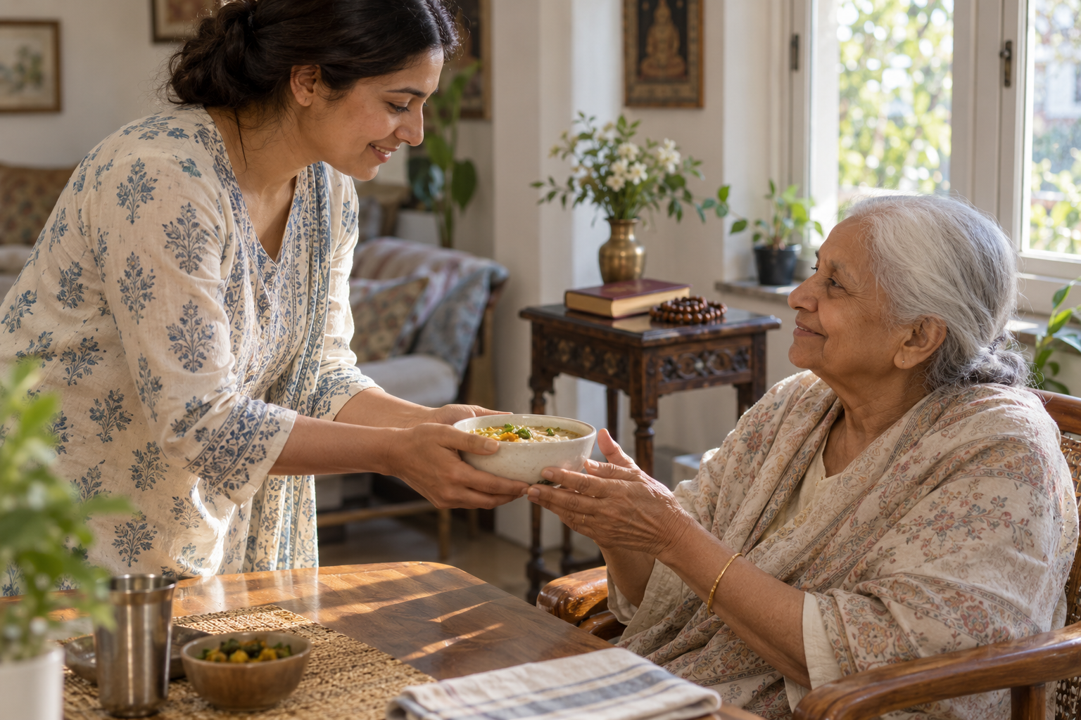 An adult offers a bowl of food to an elderly family member while a closed sacred book and prayer beads rest on a side table in the background.