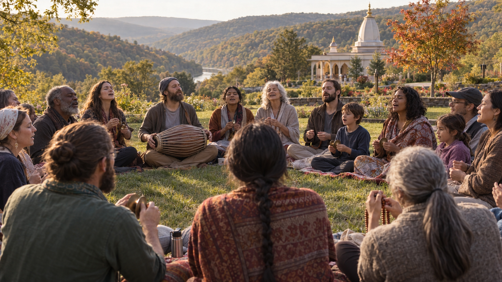 An intergenerational group chants in a circle with prayer beads, cymbals, and a drum on a retreat ground in the Appalachian hills.