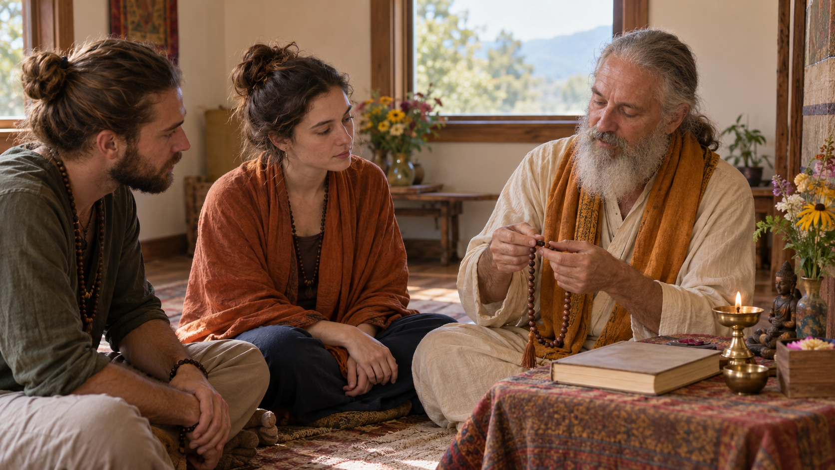 An older practitioner shows two younger adults how to use wooden mantra beads beside an unmarked sacred book and a brass lamp.
