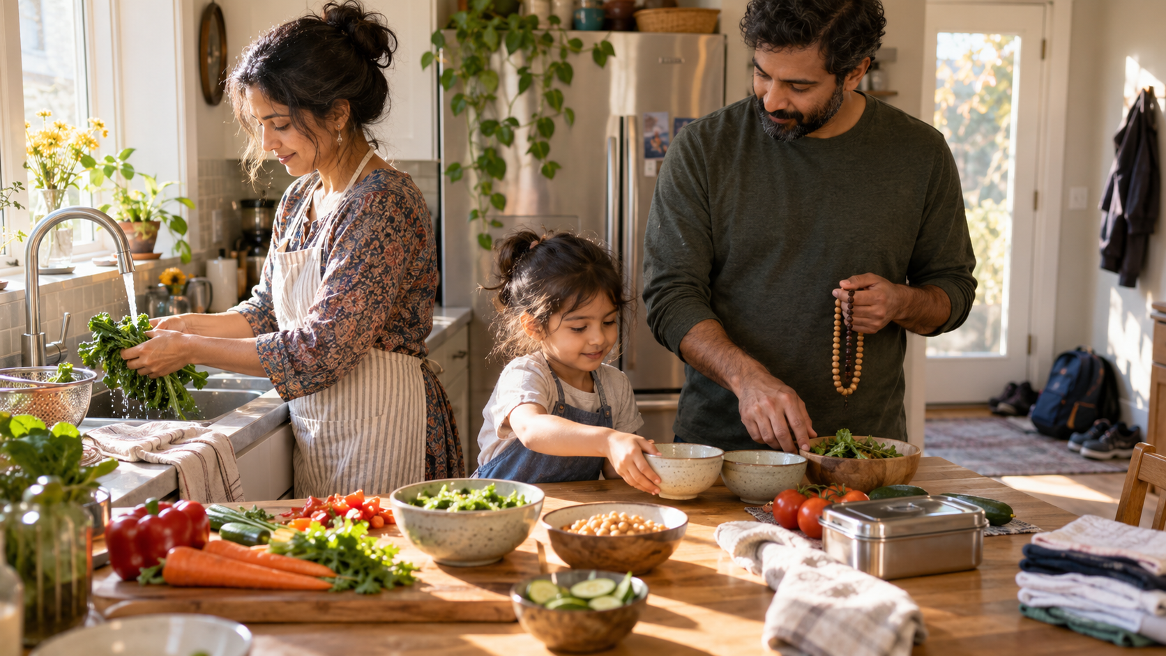A family prepares a vegetarian meal together in a kitchen while one adult holds wooden prayer beads and helps with the work.