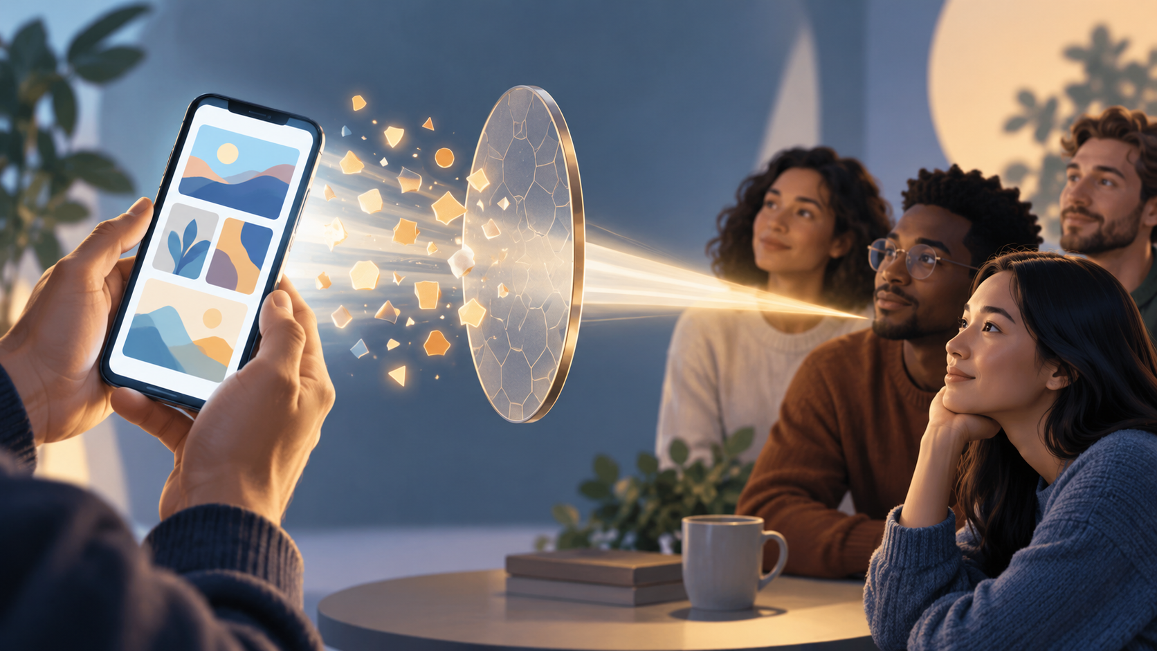 Hands hold a smartphone as its light passes through a translucent filter before reaching a small group of listeners.