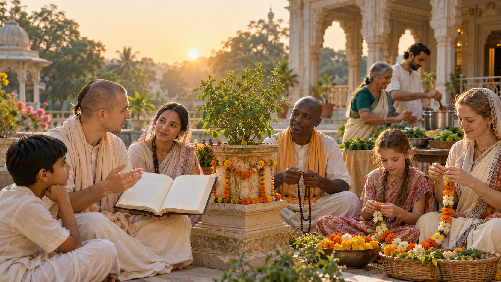 Devotees of different ages gather around an open sacred book, japa beads, flower garlands, food for service, and a tulasi plant in a sunlit temple courtyard.