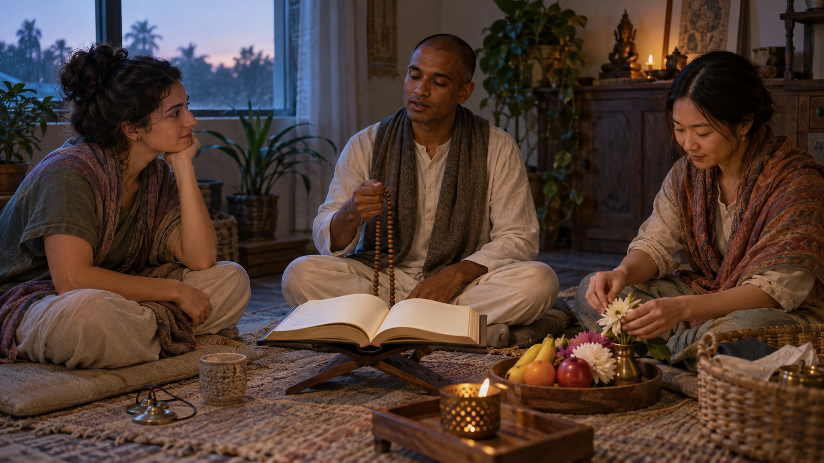Three practitioners study an open book, chant with wooden beads, and prepare fruit and flowers for an offering in a quiet home at dawn.
