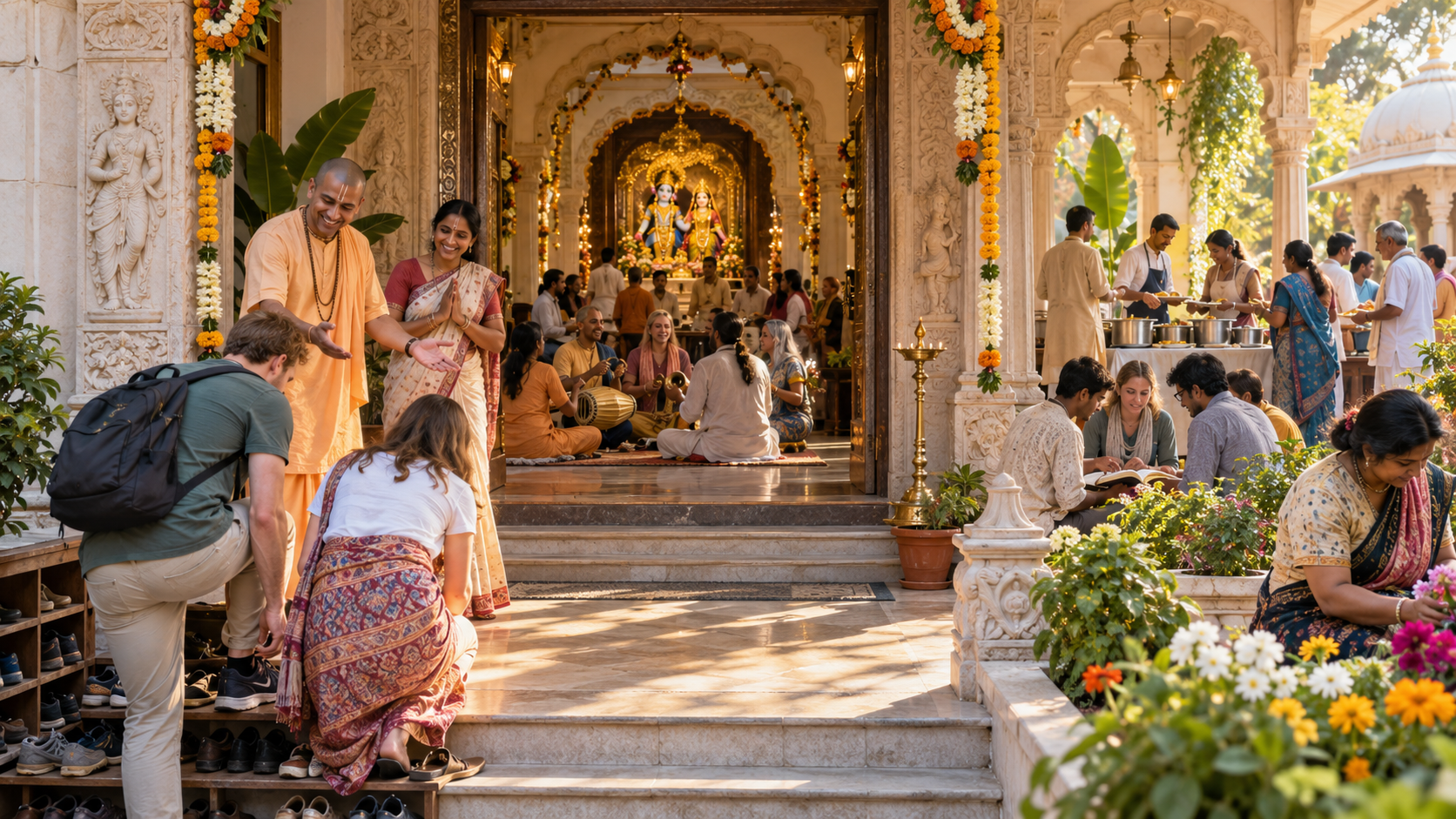 Visitors enter a temple where devotees welcome guests, sing, study, tend flowers, and serve a communal meal.