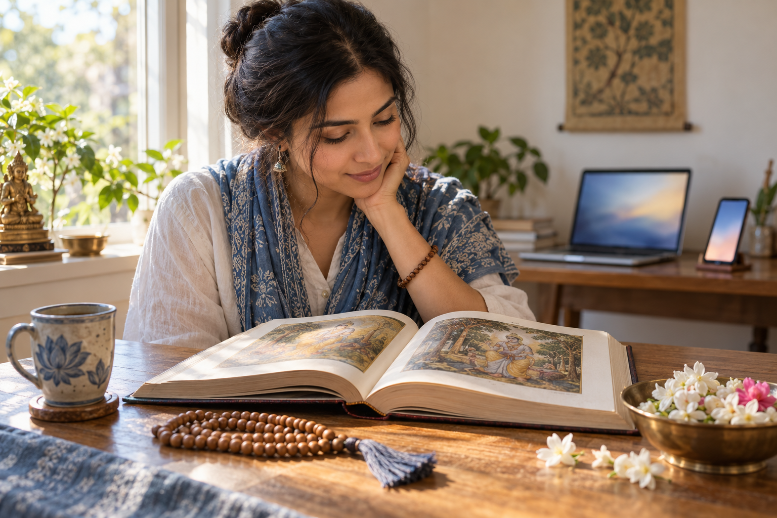 A practitioner studies an open sacred book beside prayer beads and flowers while a laptop and phone remain in the background.