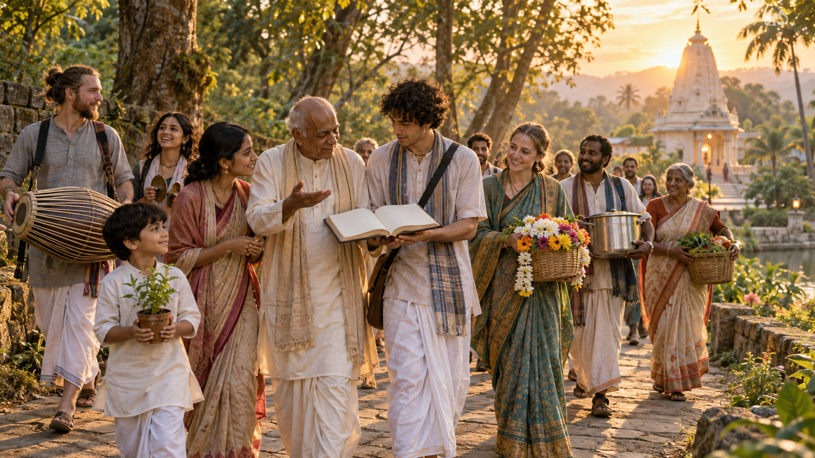 Devotees of several generations walk toward a temple carrying an open book, musical instruments, food vessels, flowers, and a young tulasi plant.