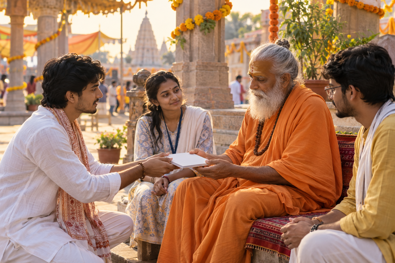 A young Hindu advocate presents an educational booklet to a saffron-robed acharya in a decorated temple courtyard while other volunteers listen.