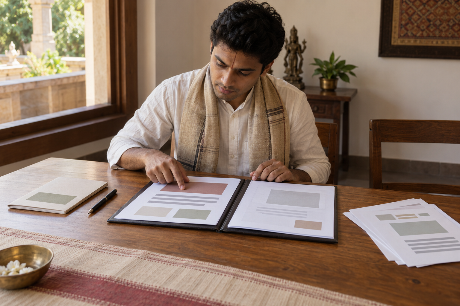 A young advocate reviews a compact briefing folder and supporting materials arranged on a wooden table.