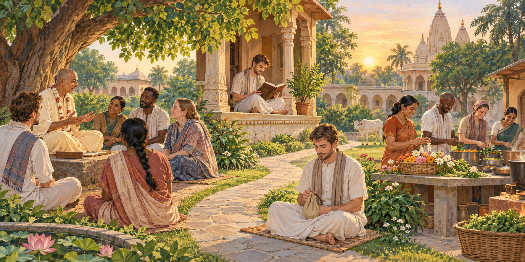Devotees move from listening to a teacher and studying a book to chanting prayer beads and serving together in a temple courtyard.