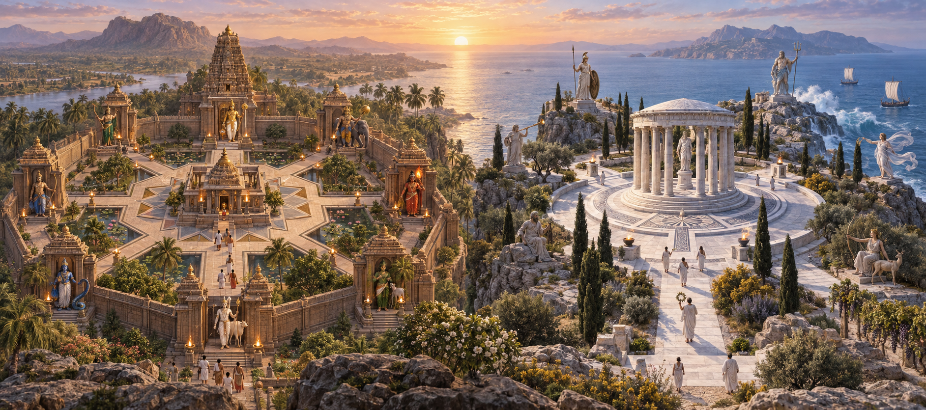 An editorial illustration contrasts an eight-gateway Hindu temple precinct with a more loosely organized ancient Greek coastal sanctuary under a shared dawn sky.