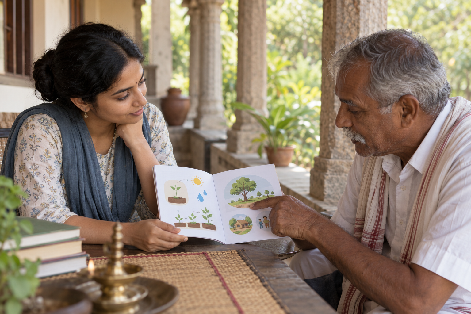 A young volunteer and an older community leader examine an illustrated educational booklet together on a veranda.