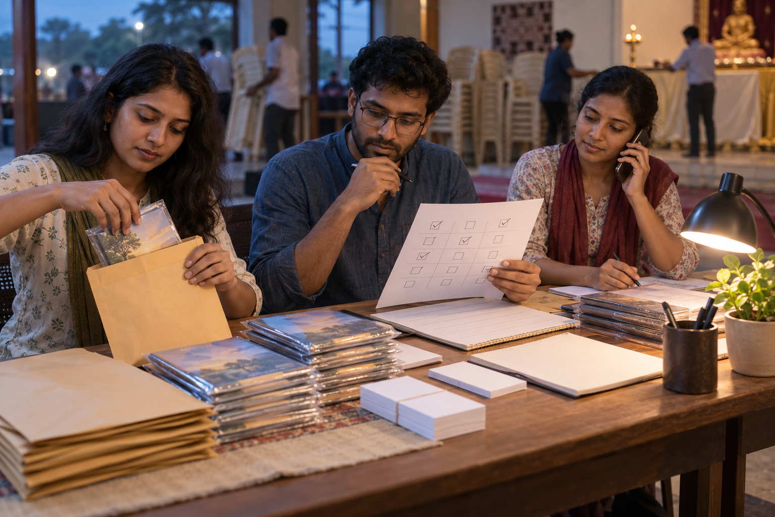 Three young advocates organize notes, resource packets, and a follow-up planning sheet after a community gathering.