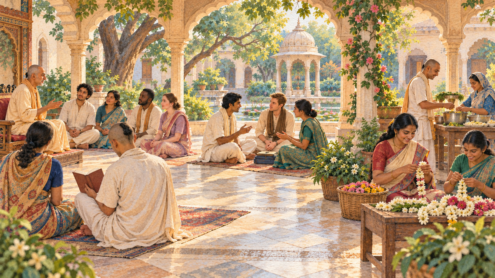 A teacher-led class, individual book study, peer discussion and flower-garland service take place in different parts of one courtyard.